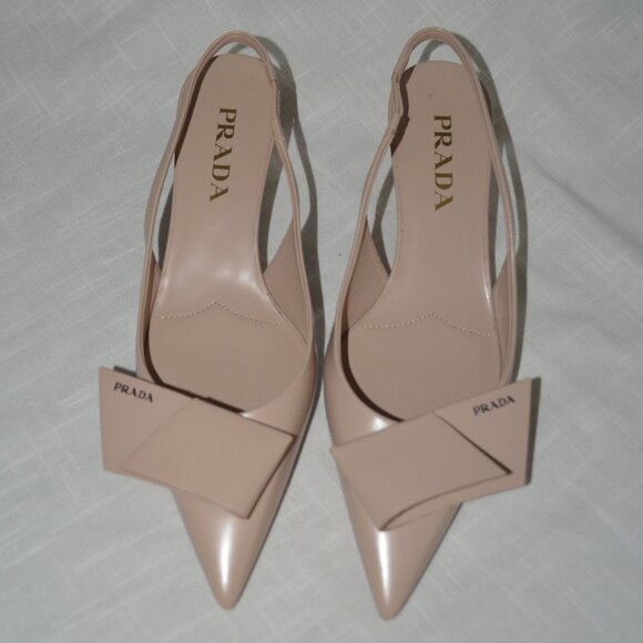 $834 Sz 37 6.5 Prada Beige Leather Folded Strap Slingback Kitten Heels Pumps - Picture 1 of 6